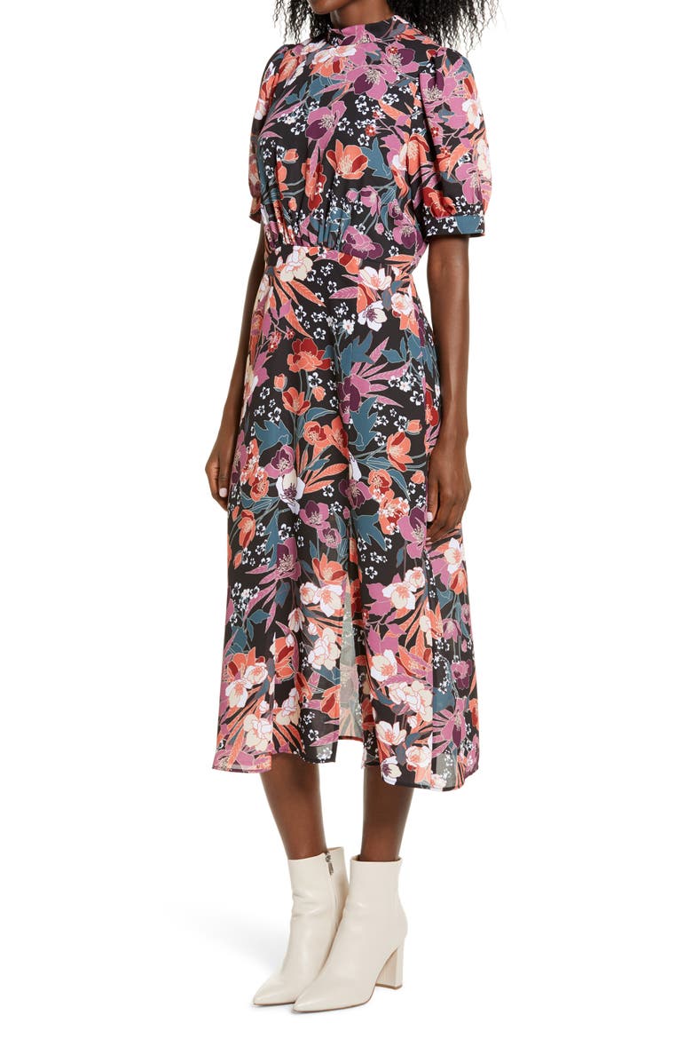 Floral Puff Sleeve Midi Dress, Alternate, color, BLACK/MULT