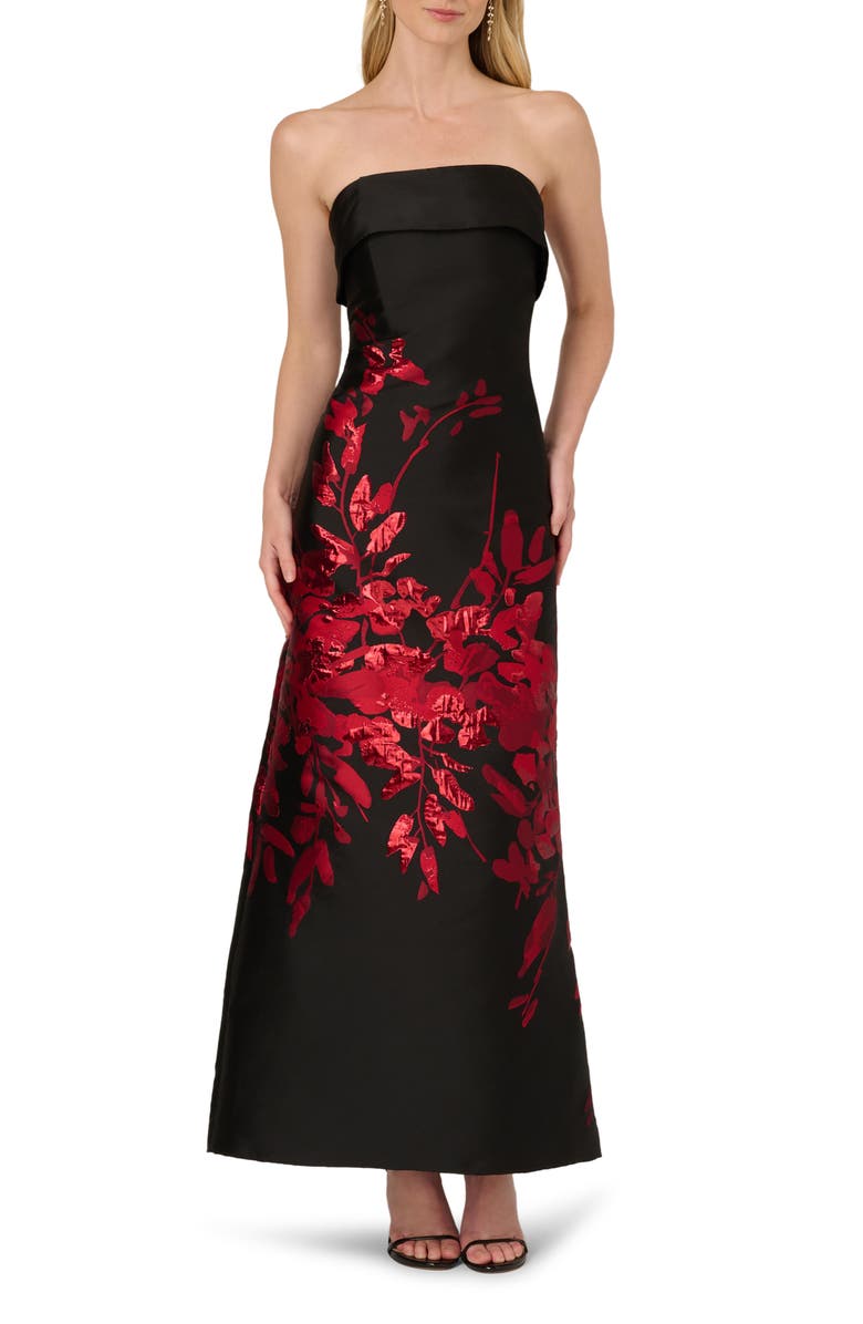 Aidan Mattox Metallic Floral Jacquard Strapless Gown, Main, color, Black/ Red