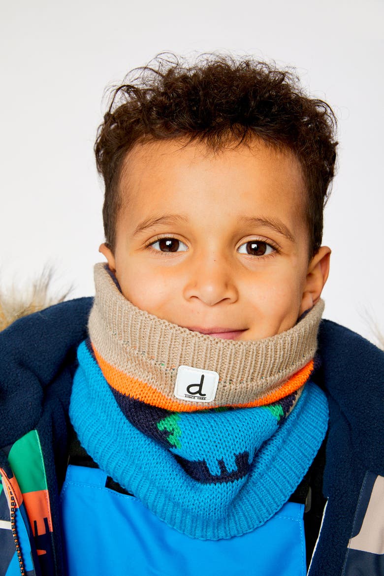 Dinosaur Jacquard Fleece-Lined Knit Neckwarmer, Alternate, color, Blue Dinosaur Print