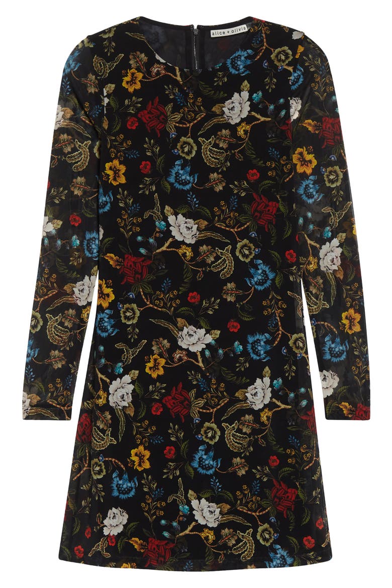 Delora Floral Long Sleeve Mesh Minidress, Alternate, color, TAPESTRY TRAILS SM BLACK