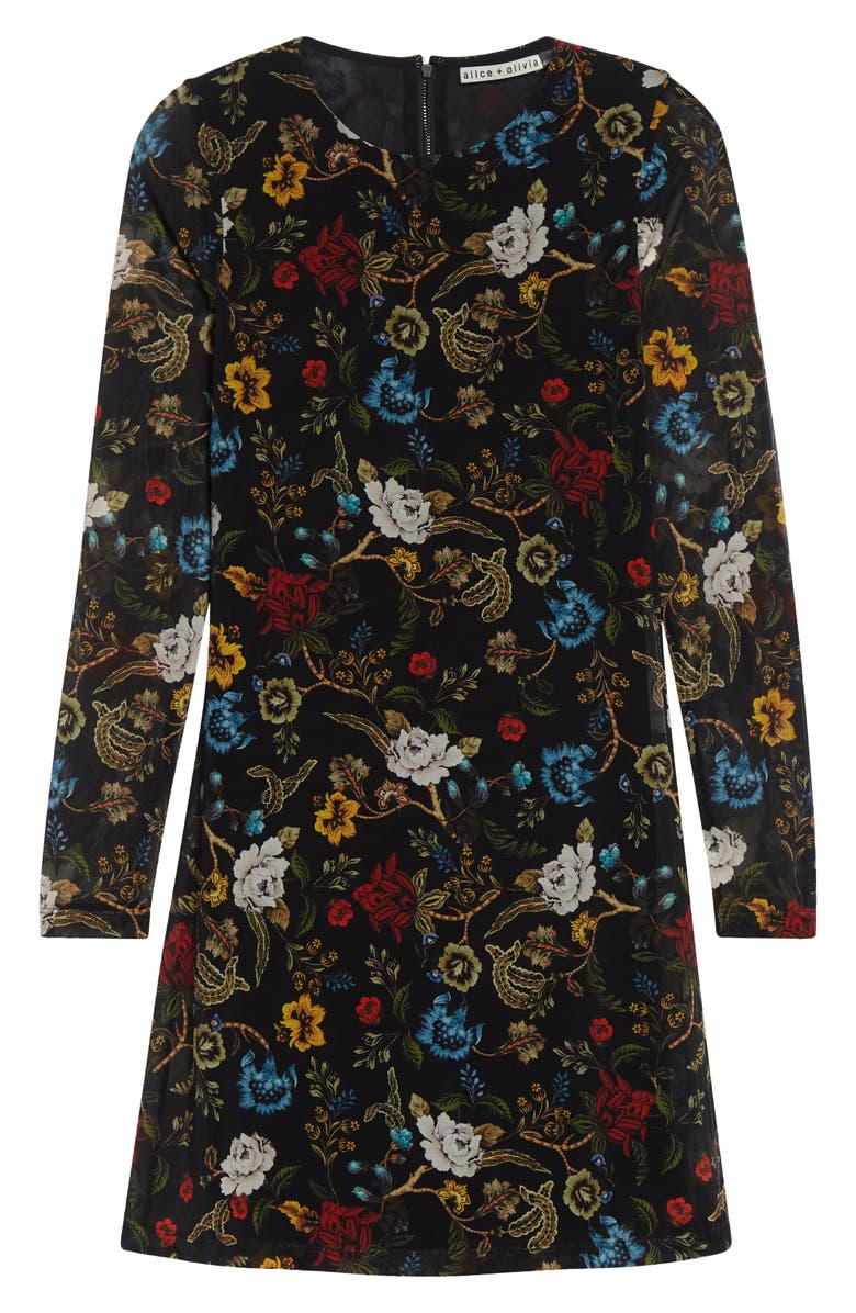 Alice + Olivia Delora Floral Long Sleeve Mesh Minidress, Alternate, color, Tapestry Trails Sm Black