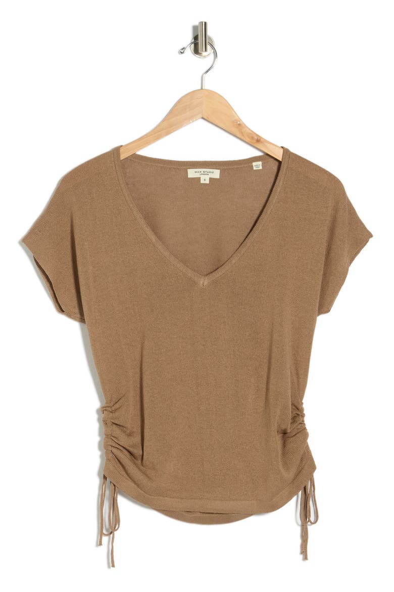 MAX STUDIO Side Ruched Short Sleeve V-Neck Sweater (Women