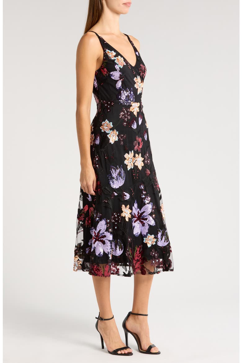 Ali Floral Sequin Midi Dress, Alternate, color, BLACK/ MULTI