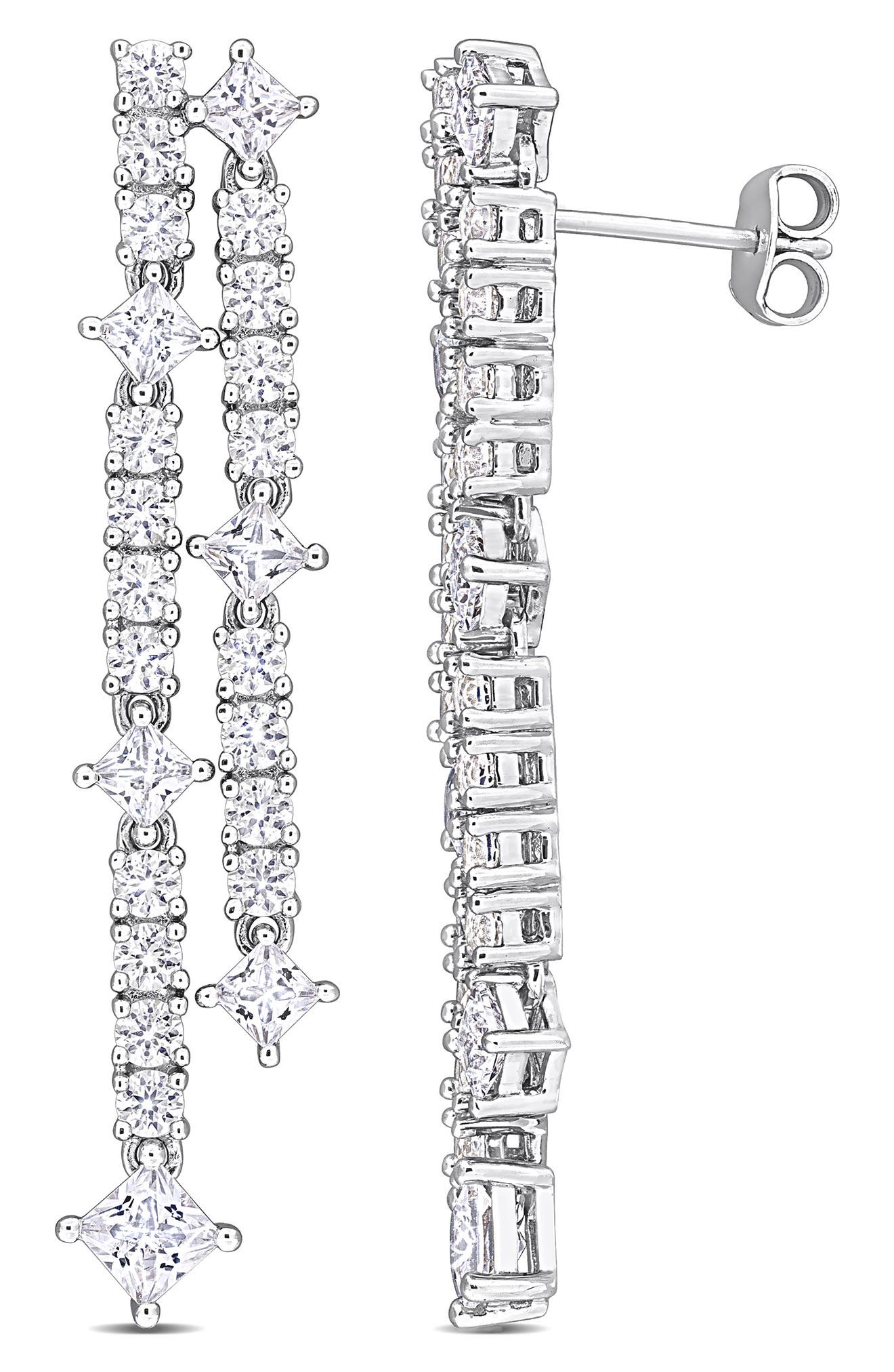 DELMAR Lab-Created White Sapphire Double Row Drop Earrings