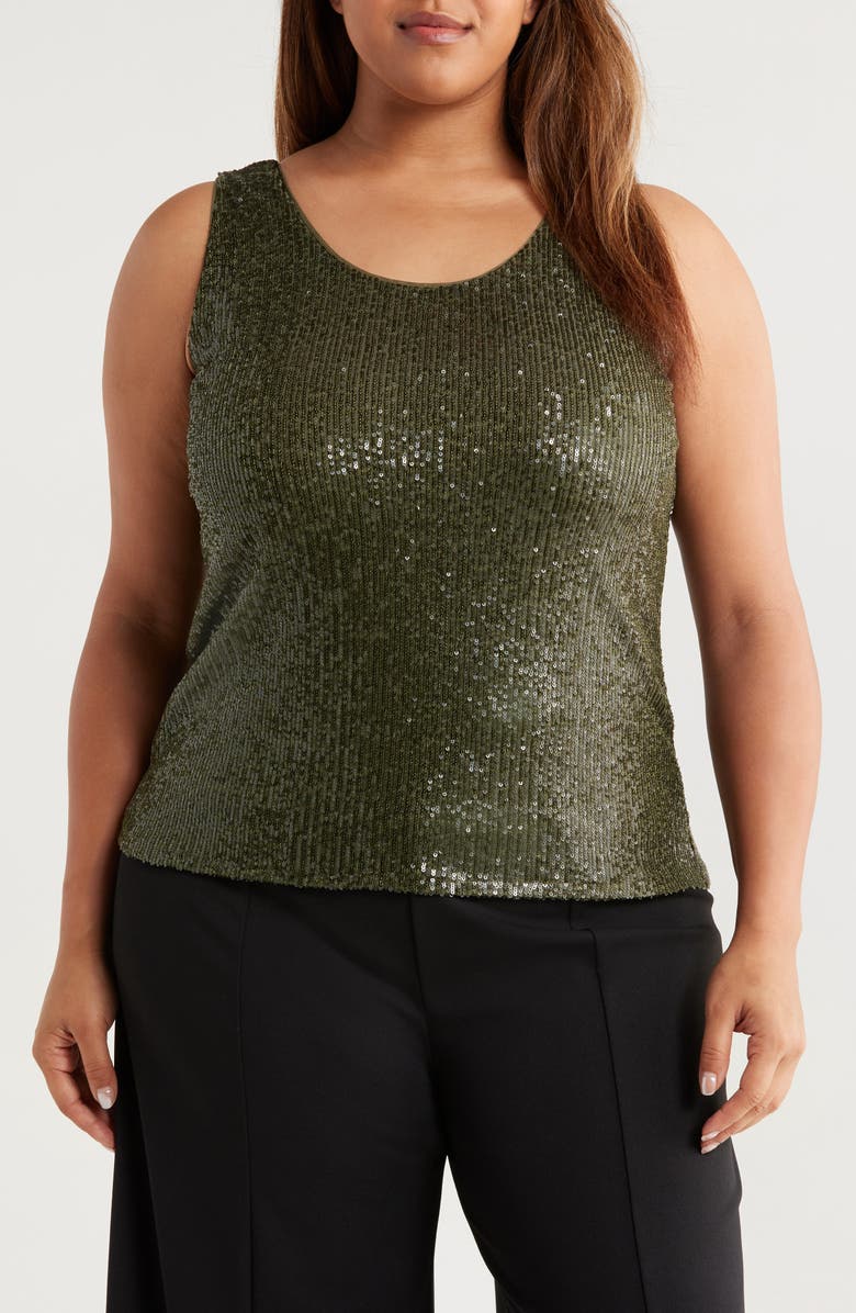 Anne Klein Sequin Double Scoop Neck Mesh Tank, Main, color, 