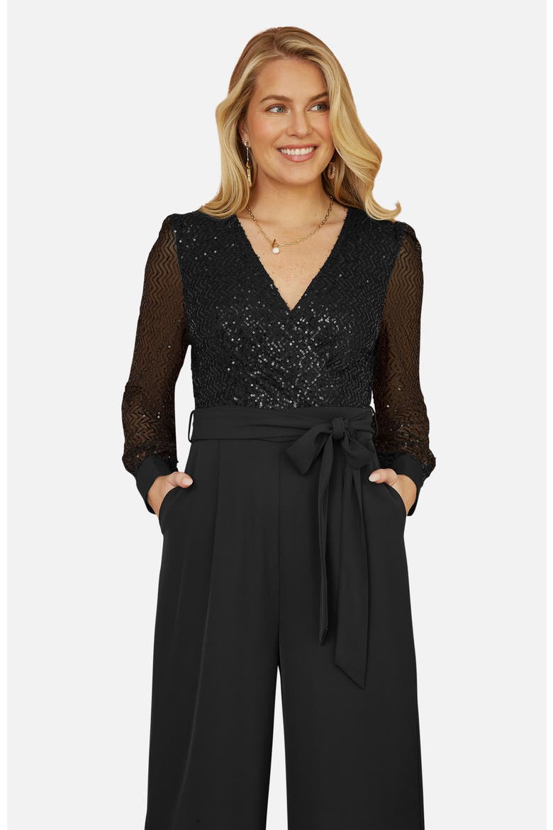 Sequin Wrap Over Jumpsuit, Alternate, color, Black
