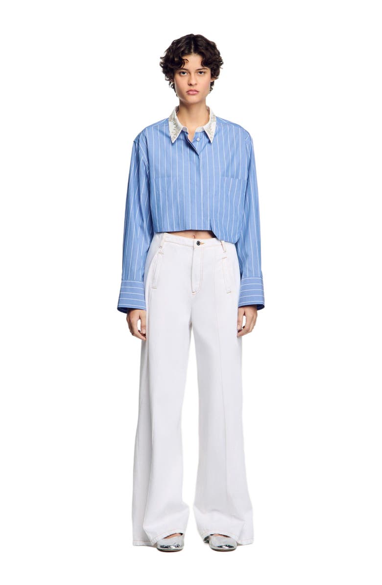 SANDRO Striped cropped shirt with rhinestone, Main, color, 