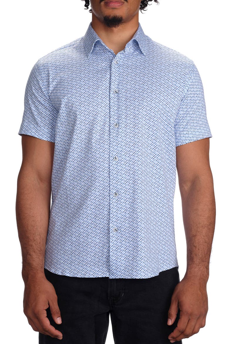 Micro Print Short Sleeve Stretch Cotton Button-Up Shirt, Main, color, BLUE