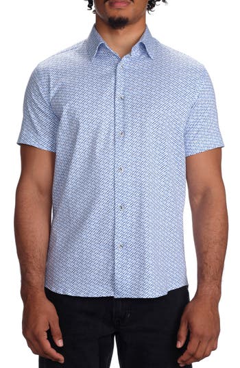 Studio Garnet Los Angeles Micro Print Short Sleeve Stretch Cotton Button-up Shirt In Blue