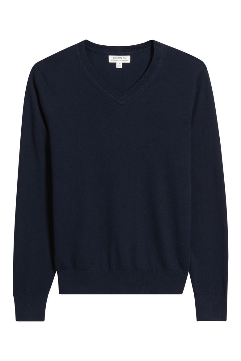 Cotton & Cashmere V-Neck Sweater, Alternate, color, NAVY NIGHT