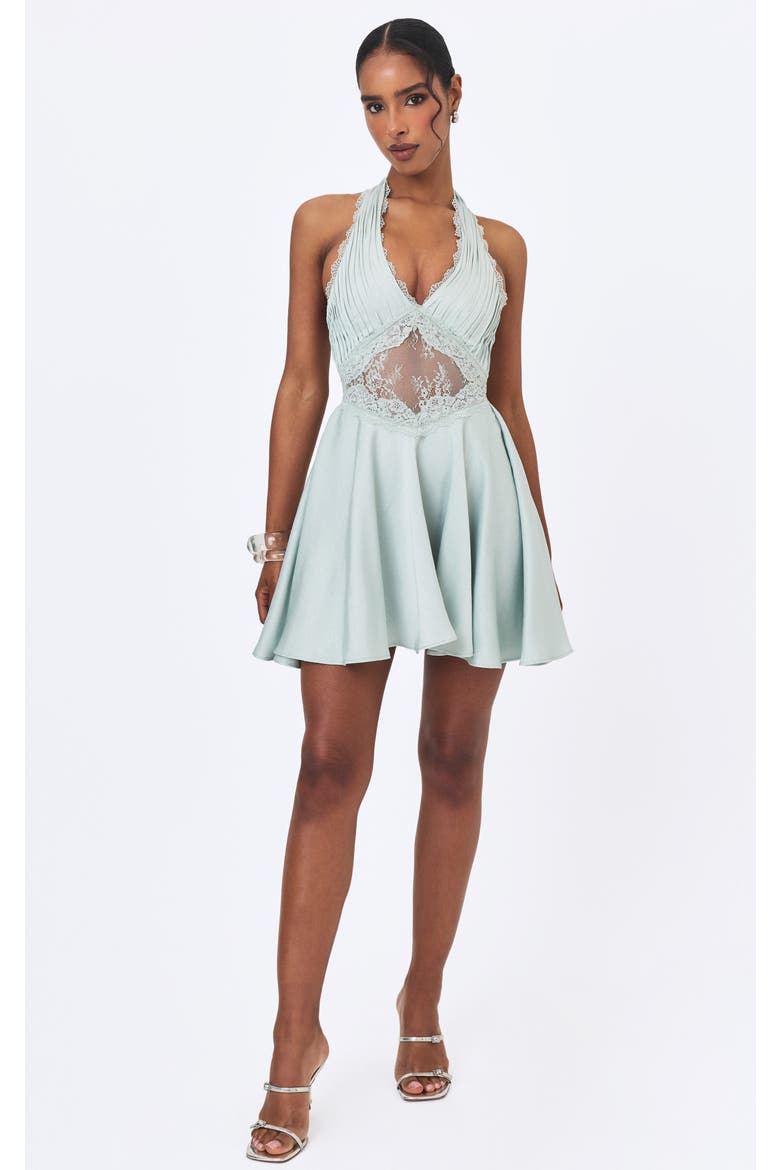Rianna Crinkle Satin Halter Mini Dress, Alternate, color, Light Sage