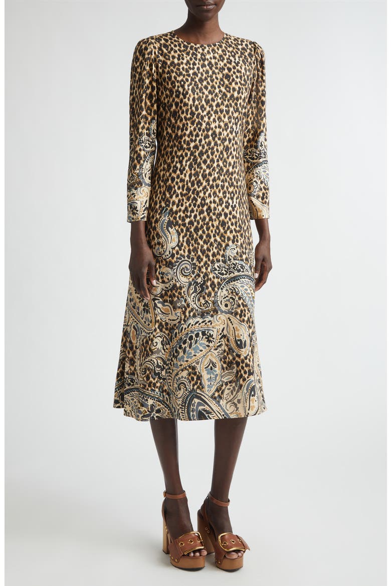 Mixed Print Long Sleeve Midi Dress, Main, color, BEIGE