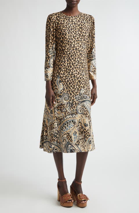 Mixed Print Long Sleeve Midi Dress