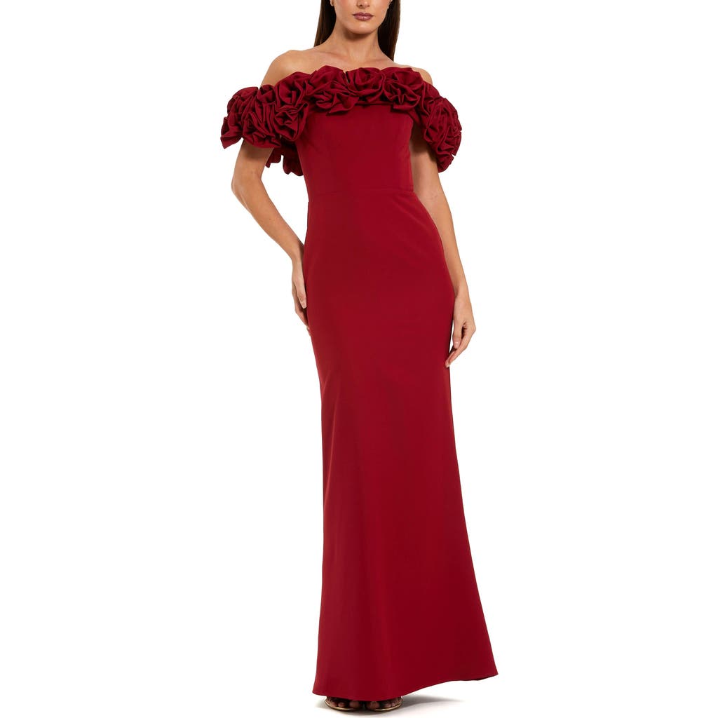 Mac Duggal Crepe Off The Shoulder Column Gown With 3d Roses In Red
