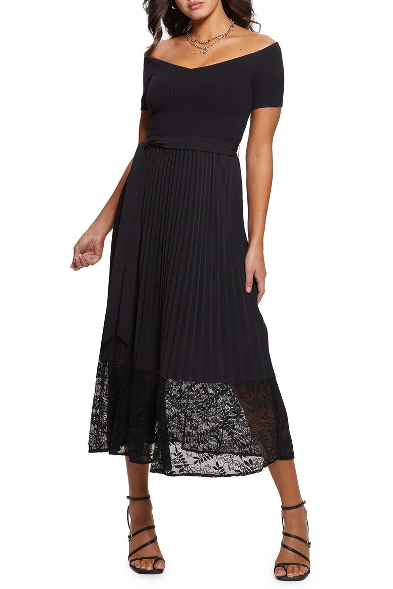 Tiana Off the Shoulder Lace Trim Dress, Main, color, JET BLACK