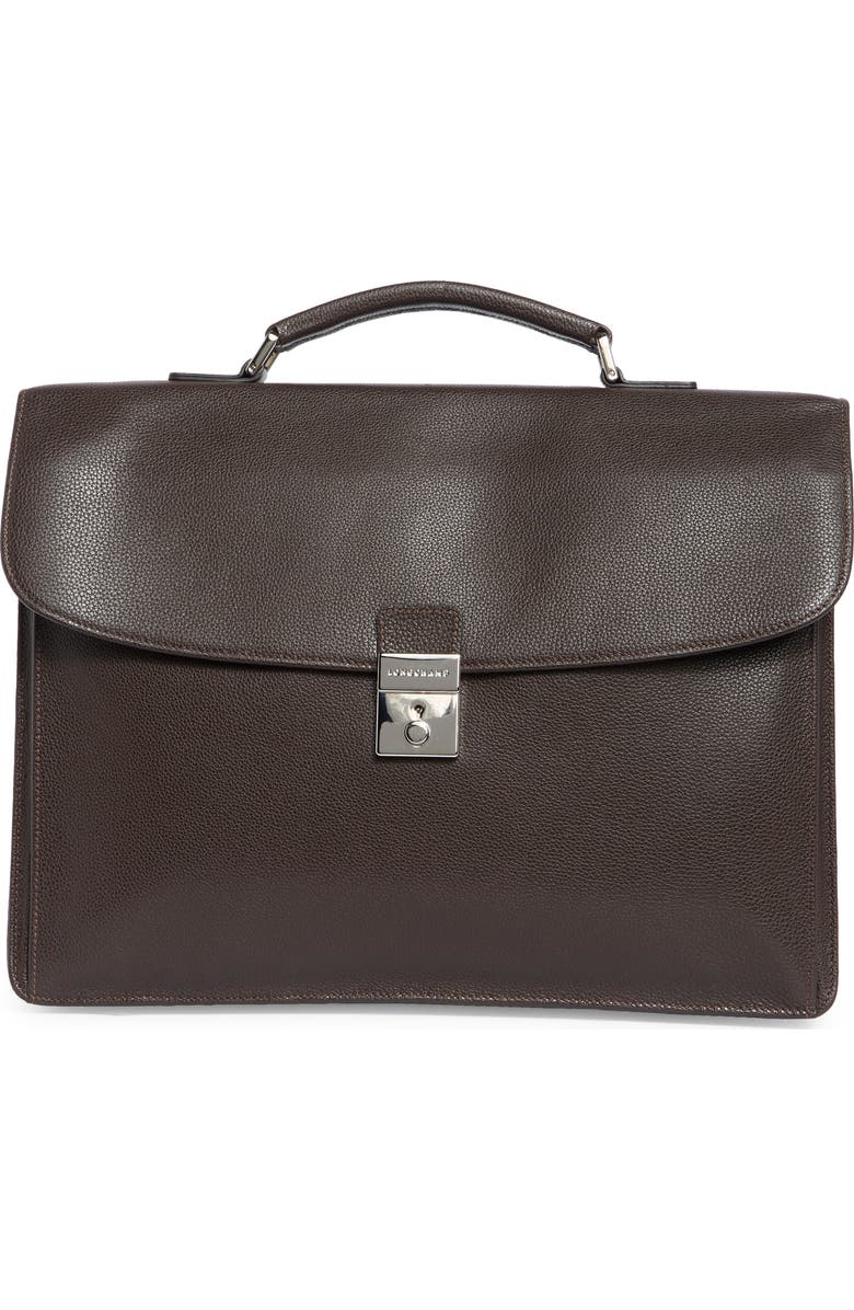 Longchamp Leather Flap Briefcase, Main, color, Moka
