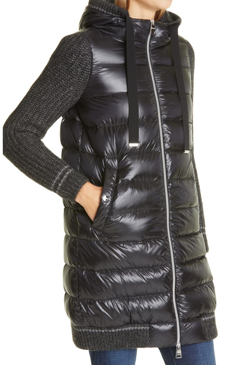 Sweater Sleeve Hooded Down Puffer Coat, Alternate, color, BLACK