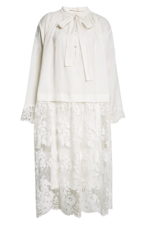Zimmermann Long Sleeve Mixed Media Midi Dress In Ivory