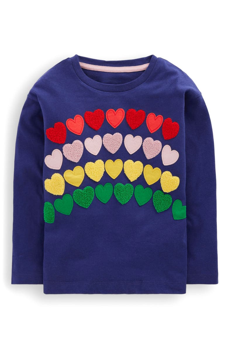 Mini Boden Kids' Heart Appliqué Long Sleeve Cotton Graphic T-Shirt, Main, color, Twilight Navy Hearts