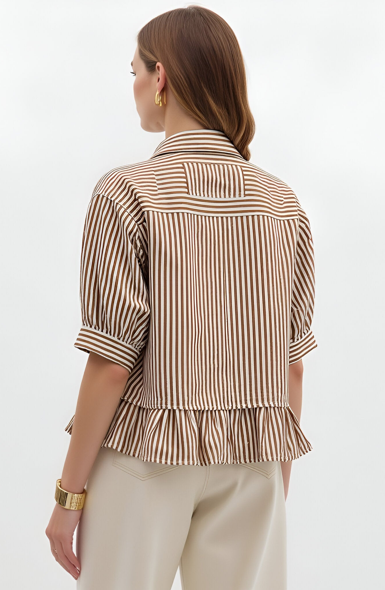 Modenaire Striped Button Front Blouse with 3/4 Sleeves and Ruffle Hem, Alternate, color,