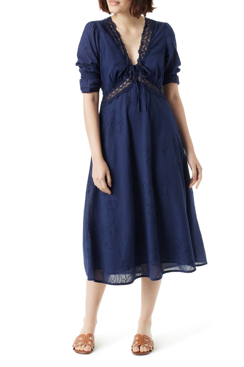 Dasie Lace Detail Cotton Midi Dress, Main, color, NAVY