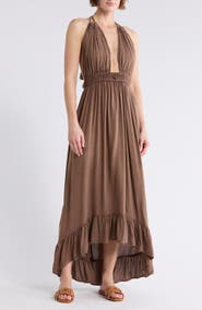 BOHO ME Open Back Plunge Neck Ombré Halter Dress