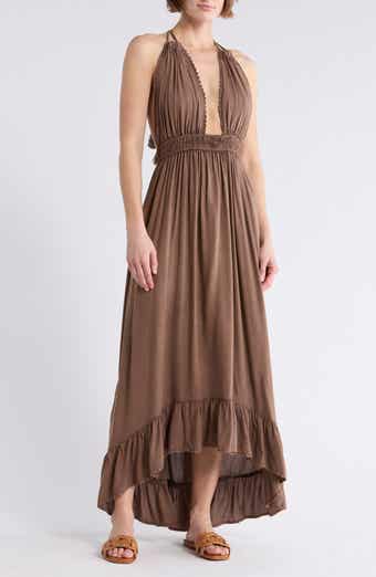 Open Back Plunge Neck Ombré Halter Dress