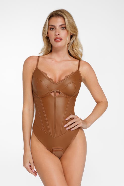 Popilush Shapewear Faux Leather Hourglass Cutout Corset Bodysuit In Cambridge Brown