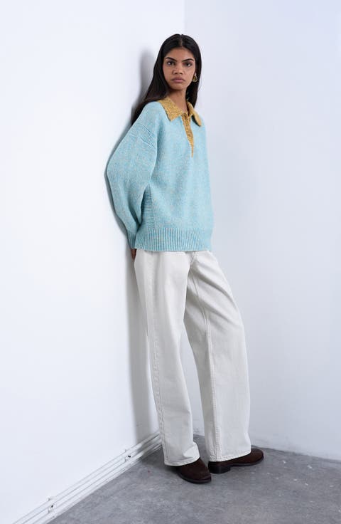 Marled Contrast Johnny Collar Sweater