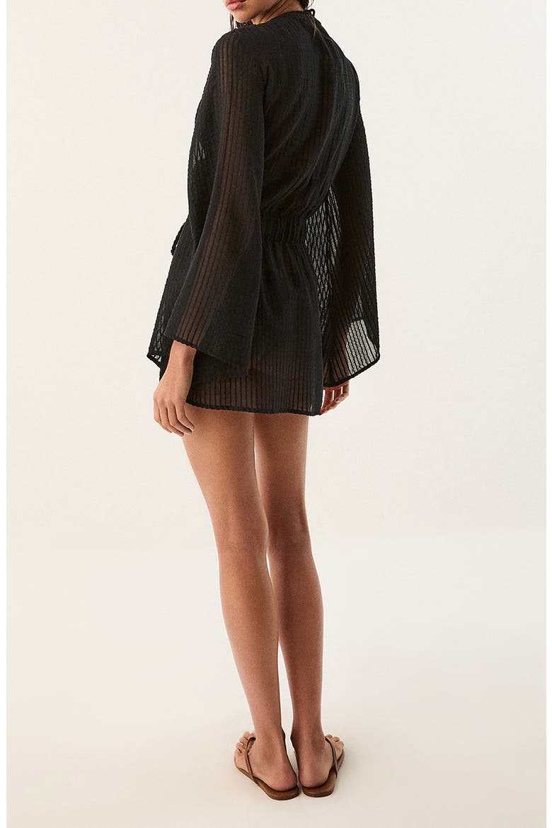 Winnie Long Sleeve Sheer Linen Blend Cover-Up Wrap Minidress, Alternate, color, BLACK