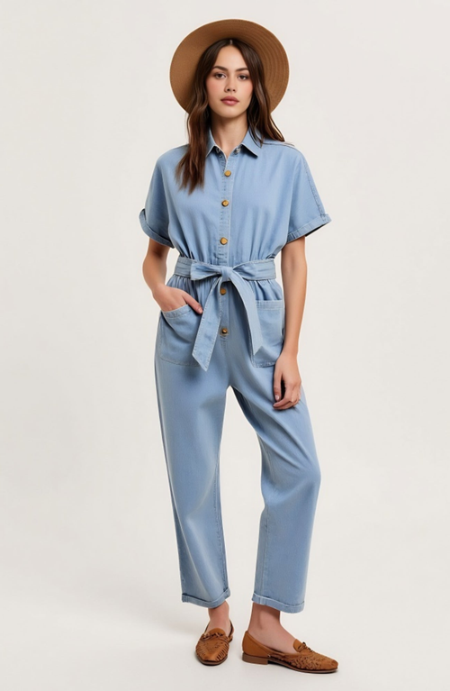 Modenaire Denim Jumpsuit With Tie Waist Rolled Cuffs And Button Front In Blue