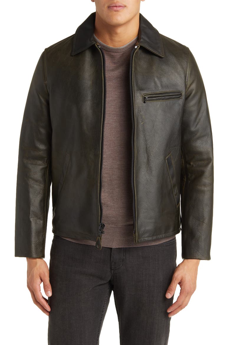 Waxy Cowhide Leather Mechanics Jacket, Main, color, OLIVE