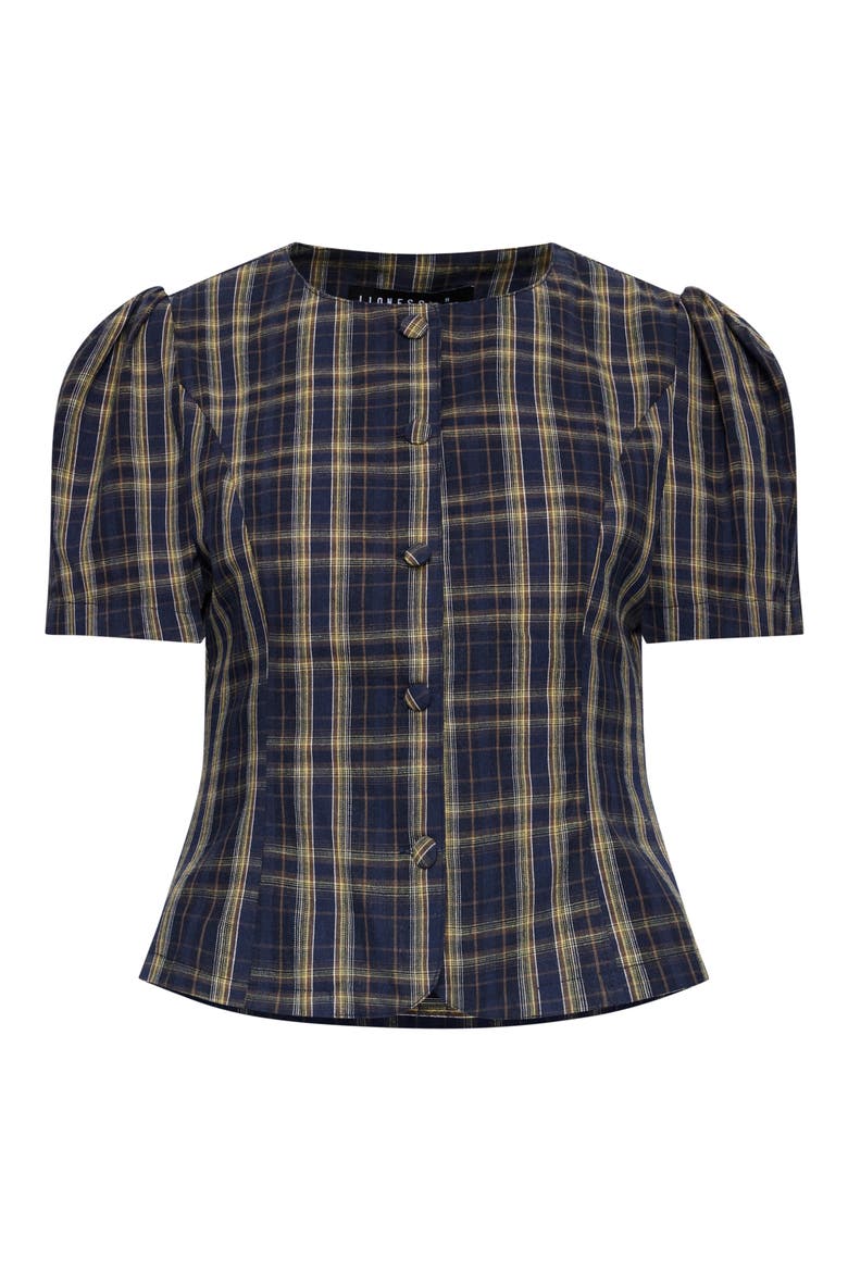 Femme Plaid Button-Up Top, Alternate, color, NAVY LEMON PLAID