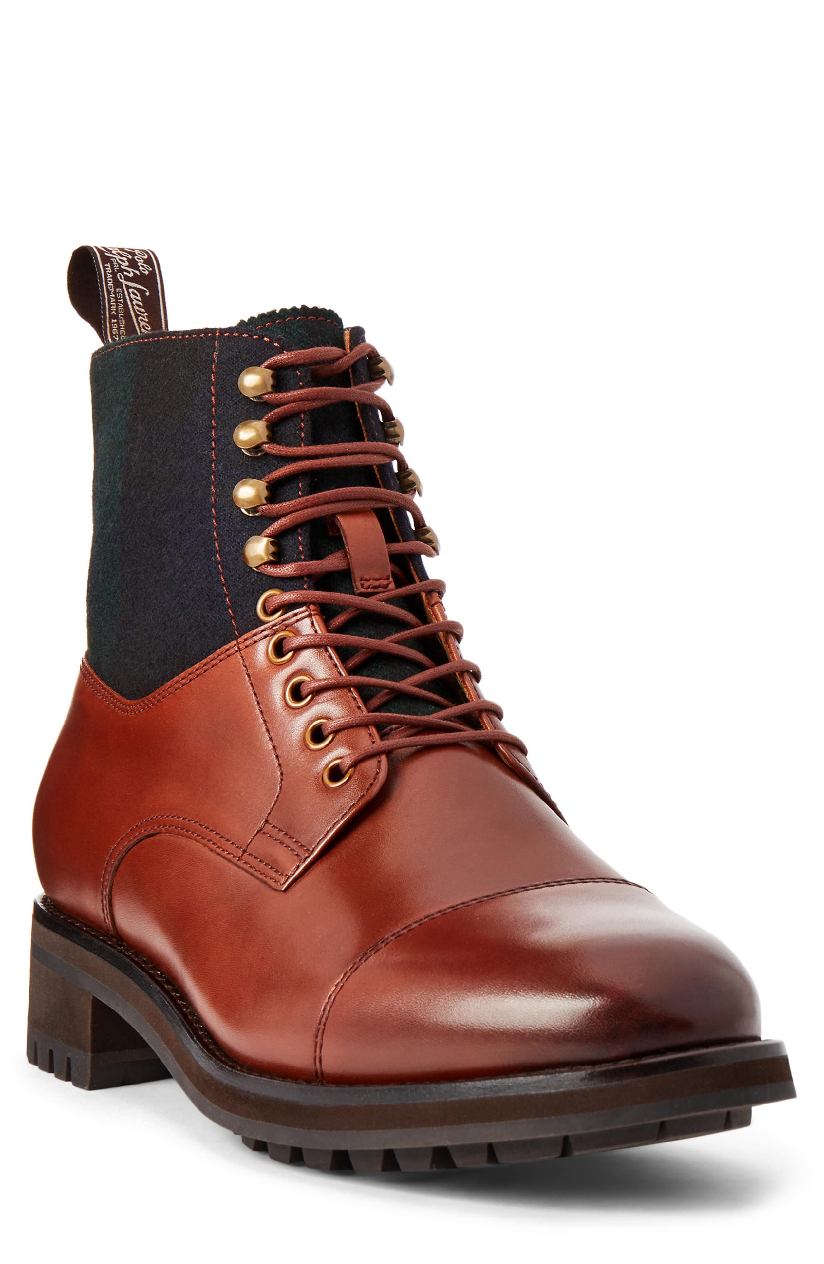 Polo Ralph Lauren Bryson Mixed Media Cap Toe Boot, Main, color, Polo Pale Russet / Black Multi
