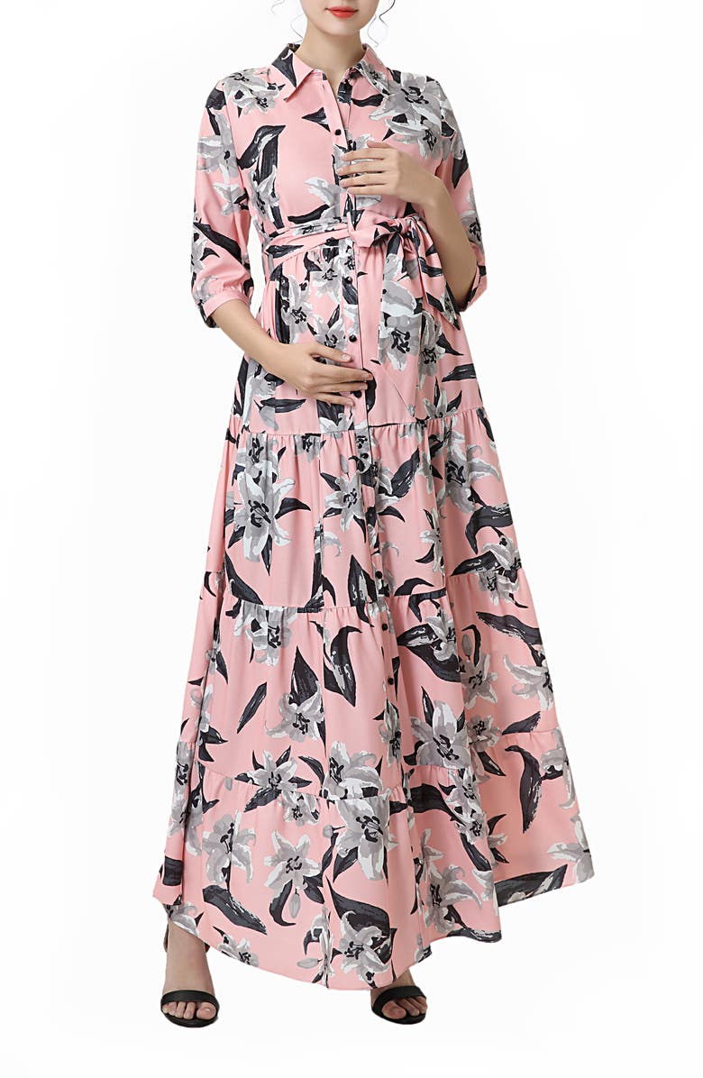 Kimi and Kai Cora Floral Belted Maternity/Nursing Maxi Dress, Main, color, Pink