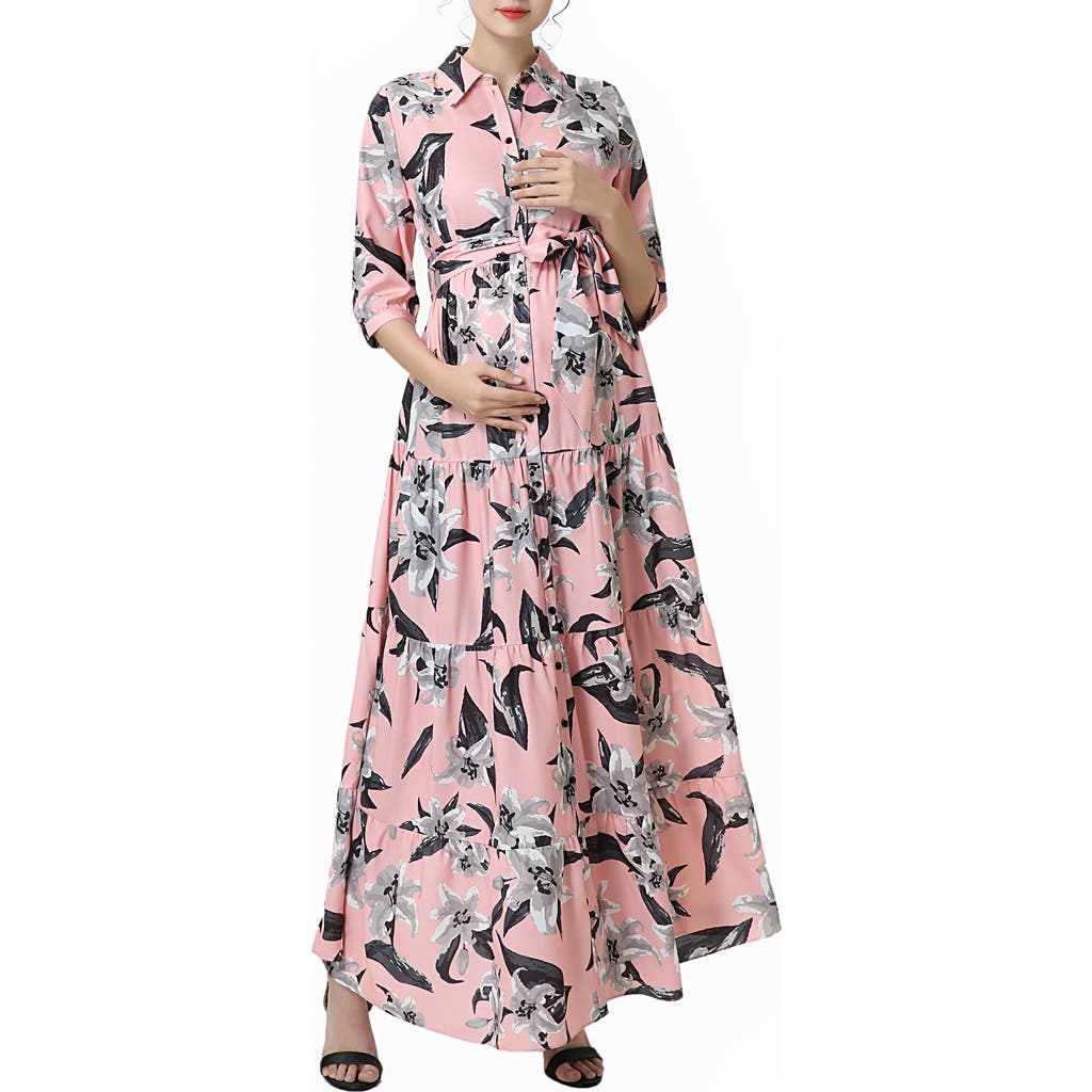 Kimi and Kai Cora Floral Belted Maternity/Nursing Maxi Dress in Pink  product