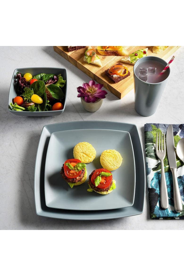 Grayson 16 Piece Square Melamine Dinnerware Set, Alternate, color, Grey