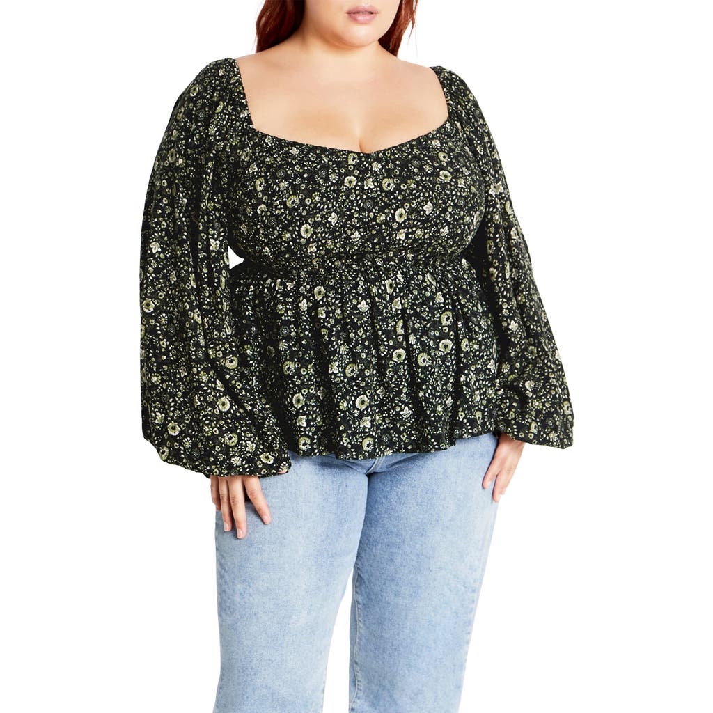 City Chic Dahlia Peasant Top In Olive Ditsy