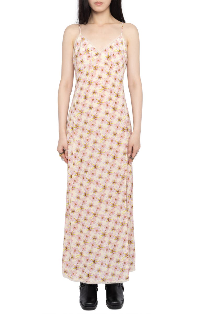 Zadig & Voltaire Ramelil Mirror Flowers Lace Trim Crepe Slipdress, Main, color, Pear