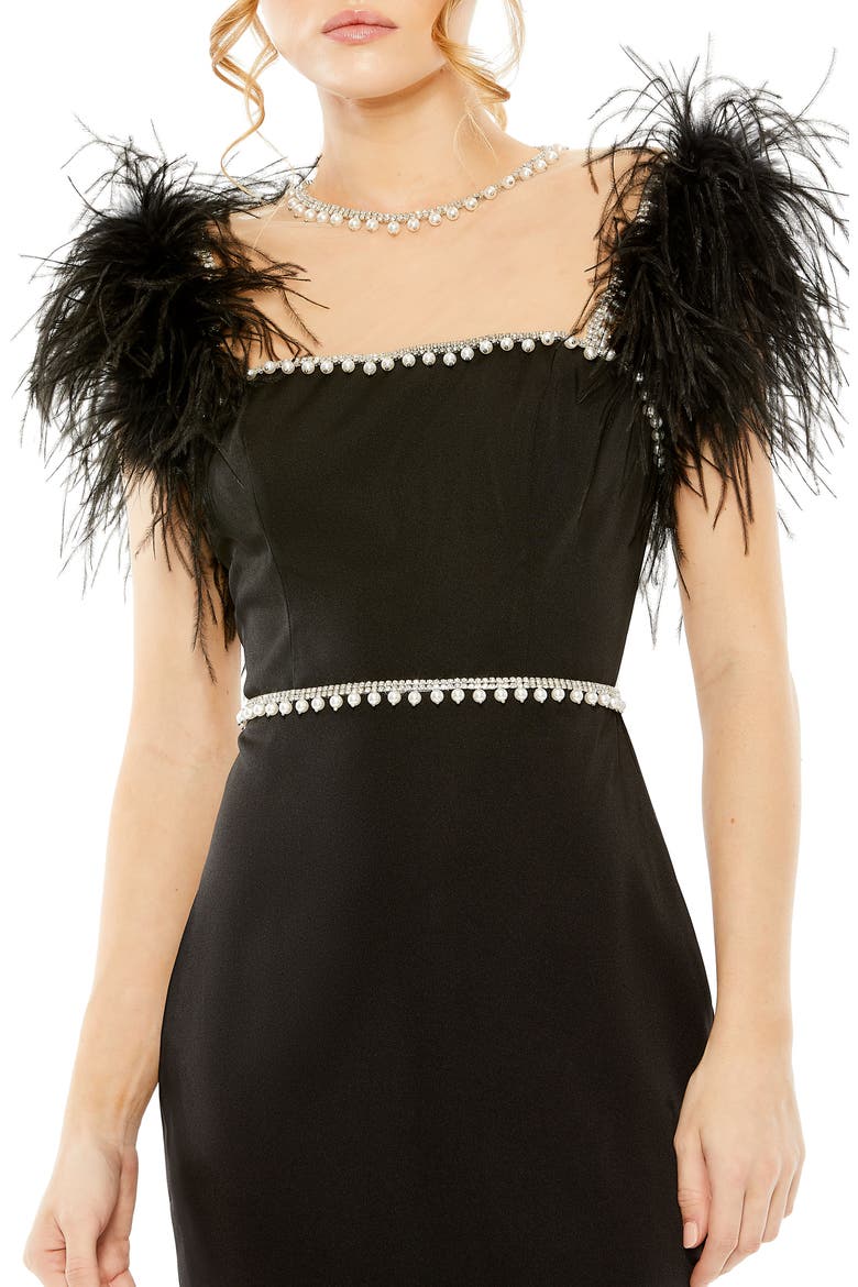 Feather Cap Sleeve Pearl Embellished Midi Dress, Alternate, color, BLACK