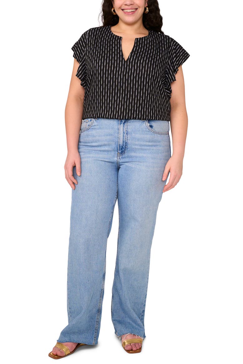 Texured Stripe Ruffle Sleeve Top, Alternate, color, RICH BLACK