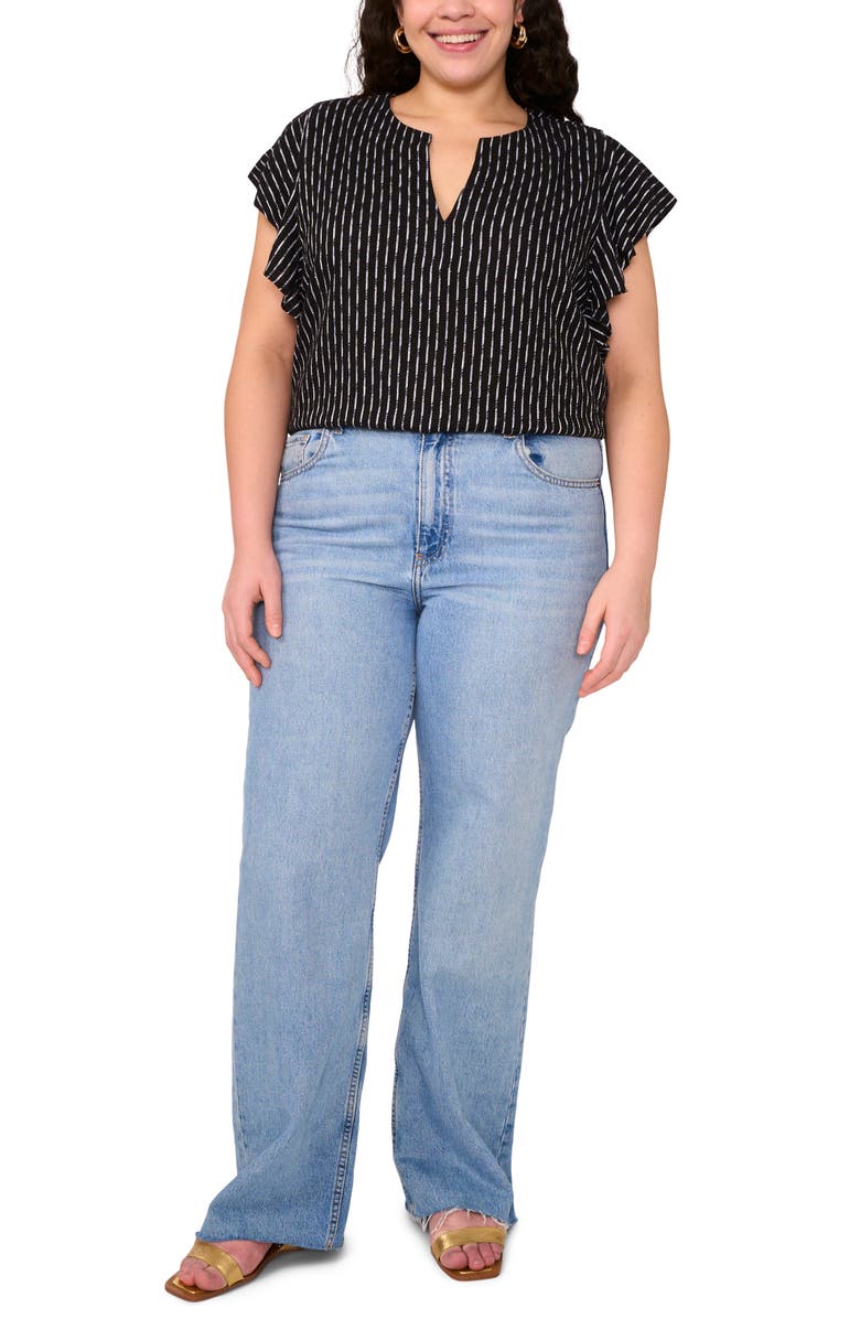 Vince Camuto Texured Stripe Ruffle Sleeve Top, Alternate, color, Rich Black