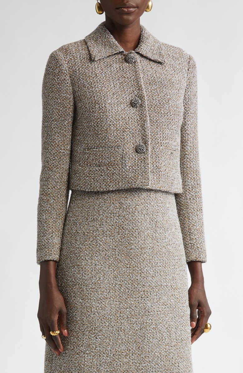 ST. JOHN Metallic Eyelash Tweed Jacket, Main, color, Shadow/ Silver/ Khaki Multi
