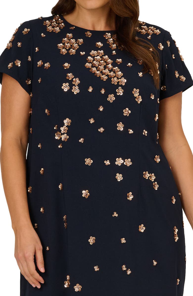 Adrianna Papell Floral Beaded Sequin Cocktail Sheath Dress, Alternate, color, Midnight/ Rosegold