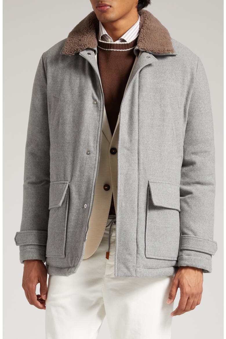 Wool Down Coat with Genuine Shearling Trim, Main, color, MEDIUM GREY
