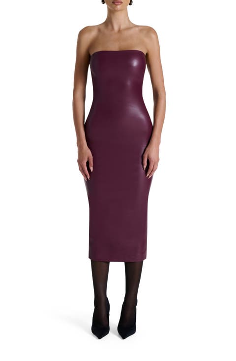 Strapless Faux Leather Body-Con Midi Dress