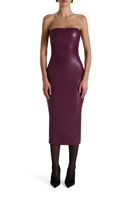Naked Wardrobe Strapless Faux Leather Body-con Midi Dress In Burgundy