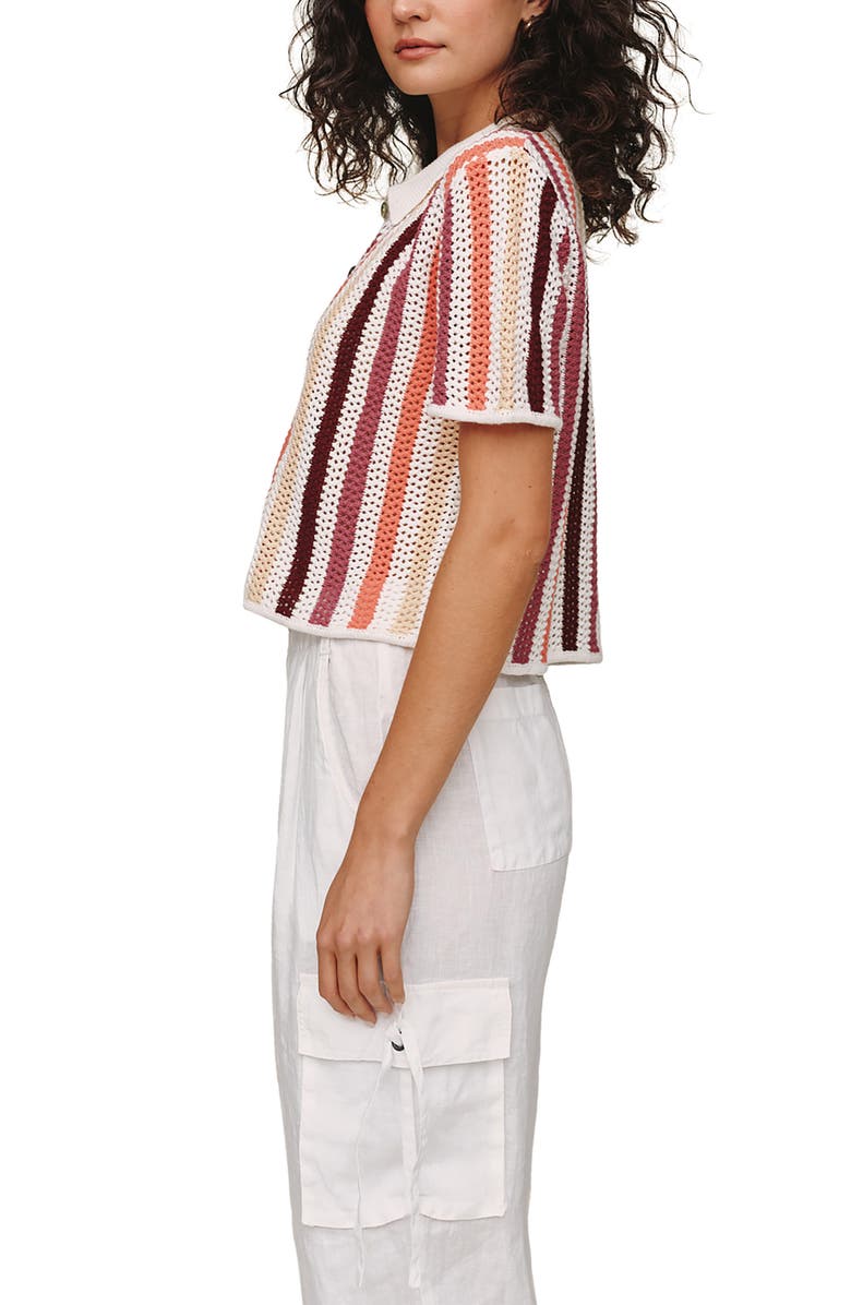 Bella Dahl Stripe Openwork Short Sleeve Crop Knit Button-Up Shirt, Alternate, color, Beach Side Stripe