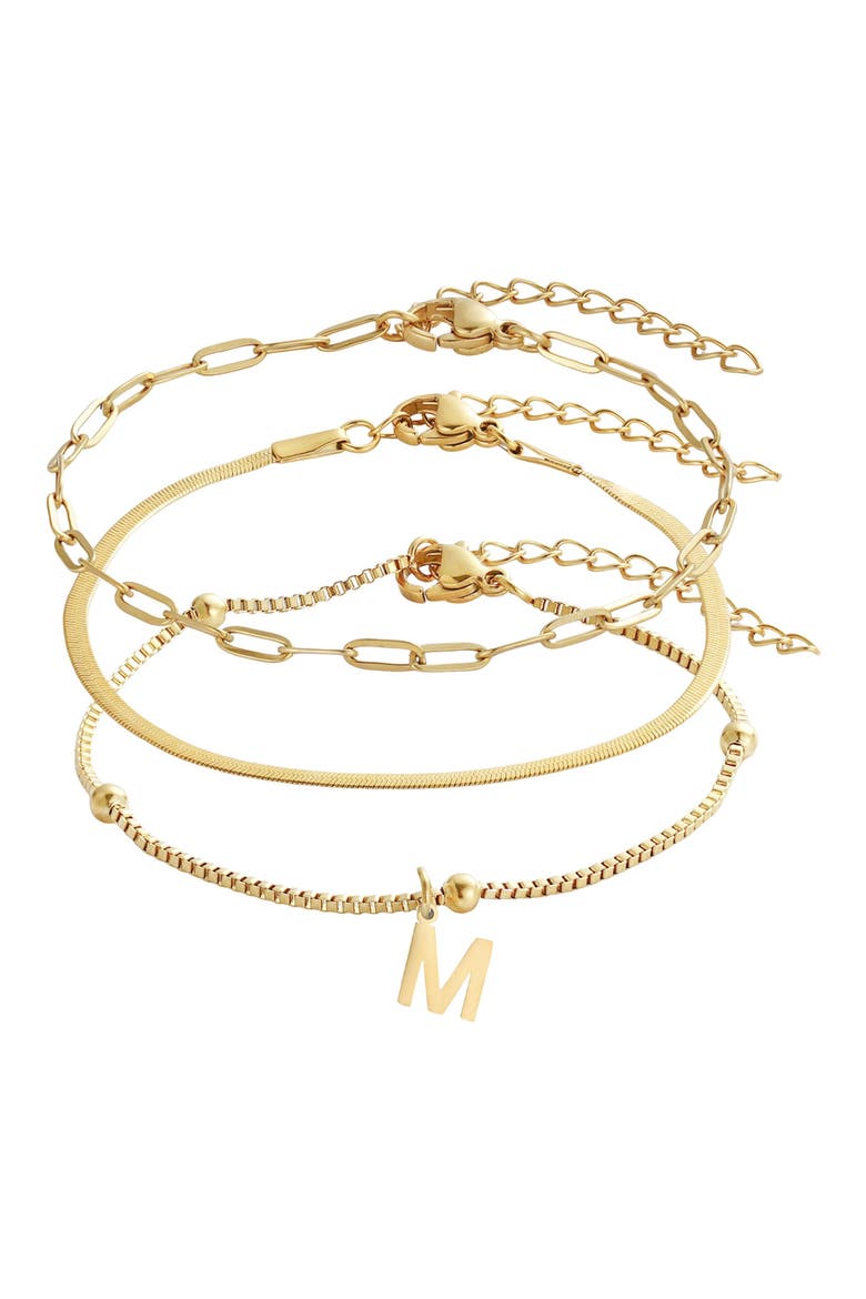 Set of 3 Tarnish Resistant 18K Gold Plated Chain Bracelets, Main, color, GOLD-M