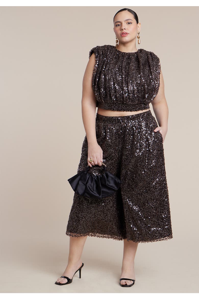 Sequin Pull On Wide Leg Culotte, Alternate, color, DARK BROWN